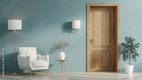 Wooden door in modern interior design of living room with armchairs and lamps on blue wall, 3d rendering mock up for artwork decoration. , +!+