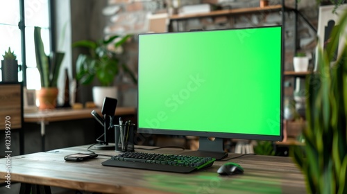 Stylish Home Office Living Room with Green Screen Display and Personal Computer.