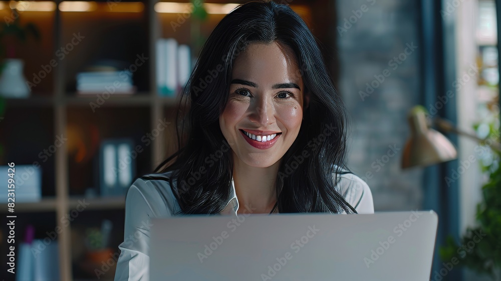 A portrait of a successful entrepreneur at her desk working on a laptop looking at the camera. An independent woman CEO presides over her own company. A portrait of a successful entrepreneur at her desk working on a laptop looking at the camera. An independent woman CEO presides over her own company.