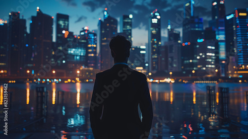 Entrepreneur in front of a city skyline, representing modern business and innovation