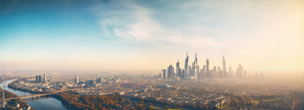 Naklejka premium Majestic Urban Skyline at Sunrise Panoramic View