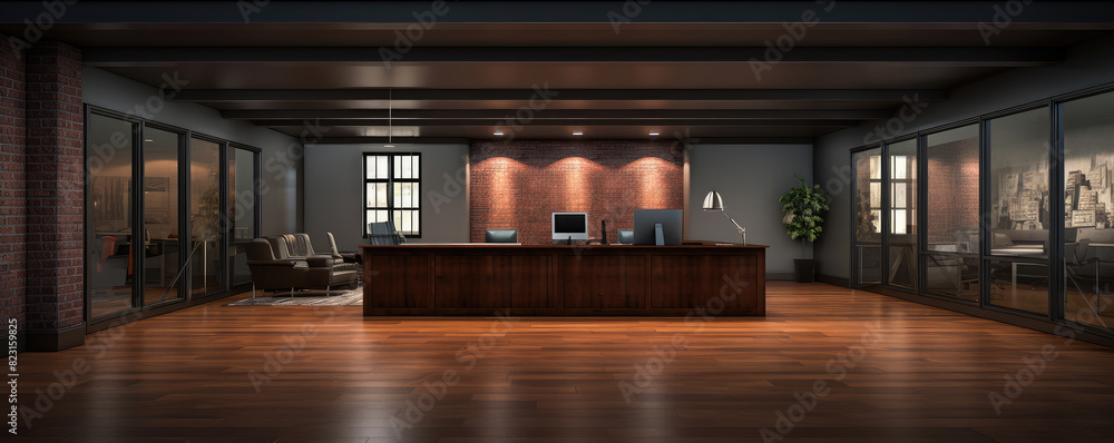 Elegant Modern Office Interior with Evening Ambiance Elegant Modern Office Interior with Evening Ambiance