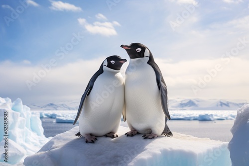 two penguins standing on an iceberg