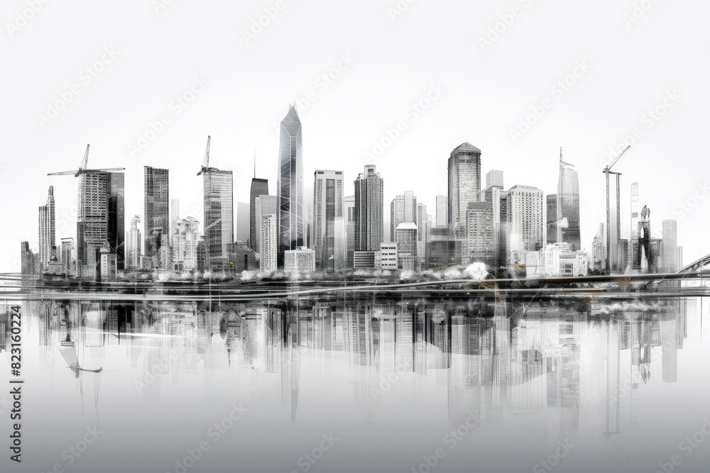 Fototapeta premium Monochrome City Skyline and Water Reflection