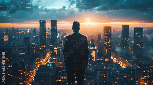 Entrepreneur in front of a city skyline, representing modern business and innovation