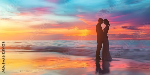 Romantic silhouettes embrace against a vibrant sunset backdrop on a sandy beach. Concept Beach, Sunset, Romance, Silhouettes, Love