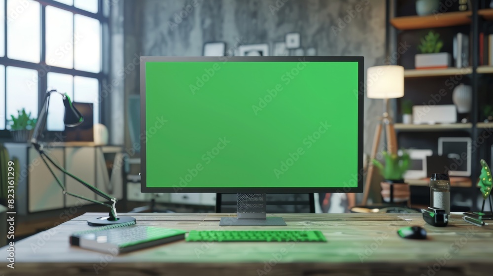 A large green mock-up screen computer stands on a desk in a creative modern office. High ceilings can be seen in the background where a professional is working at his desk. A large green mock-up screen computer stands on a desk in a creative modern office. High ceilings can be seen in the background where a professional is working at his desk.
