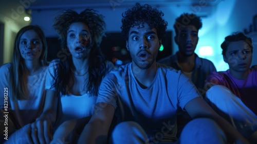 In the home, diverse groups of friends watch TV together, getting horrified and emotionally traumatized by the content of television. The young people are scared after watching news or horror movies.