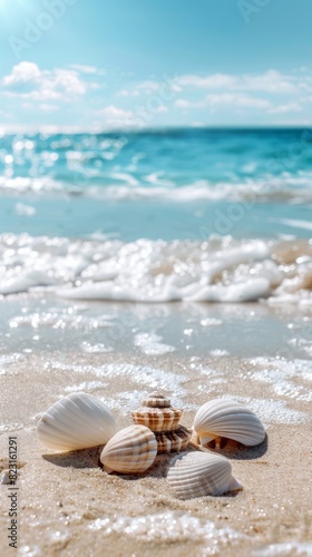 Seashells on Seashore: Coastal Beauty. blurred background.