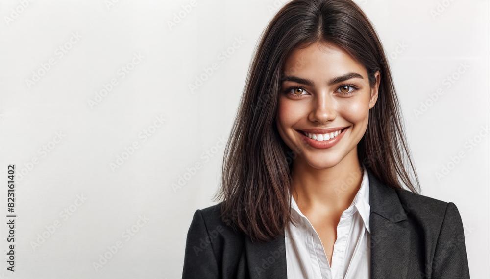 Giovane Donna d'Affari Sorridente- Ritratto Professionale su Sfondo Bianco Luminoso Giovane Donna d'Affari Sorridente- Ritratto Professionale su Sfondo Bianco Luminoso