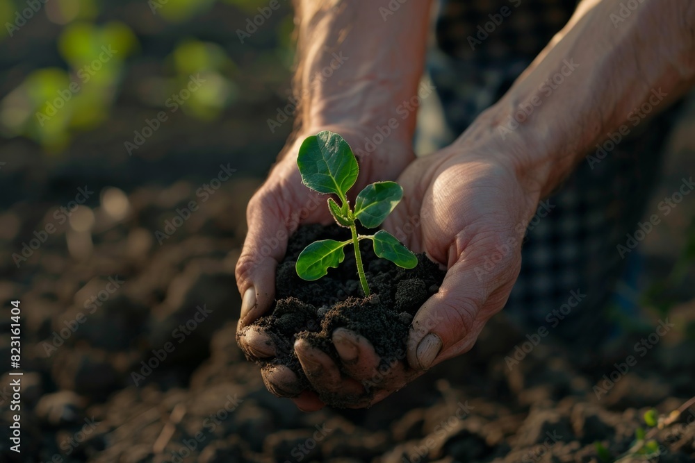 Fototapeta premium Young plant sprouting from soil in hands cradle, growth and care plant, dirt-covered hands seedling