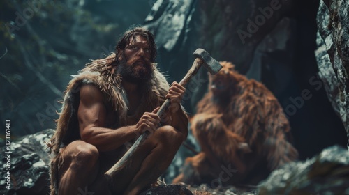The Neanderthal hunts in the jungle while wearing animal skin and holding a stone-tipped hammer. A caveman wearing animal skin comes out of the cave to look at the prehistoric forest before setting photo