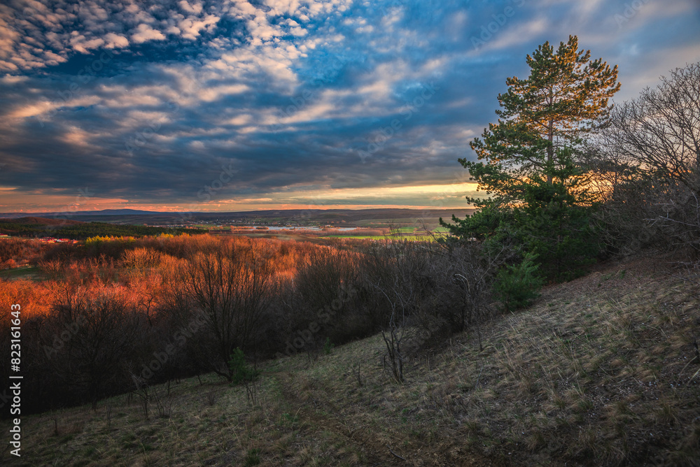 Obraz premium Winter landscape in the sunset. View to Sokoro hills and far distance Bakony Mountain from Pannonhalma, Hungary