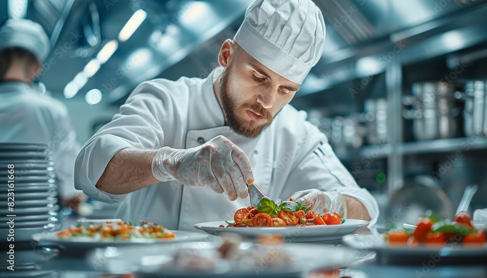 Professional chef meticulously plating gourmet dish in a busy restaurant kitchen, showcasing culinary skills and dedication to quality. Professional chef meticulously plating gourmet dish in a busy restaurant kitchen, showcasing culinary skills and dedication to quality.