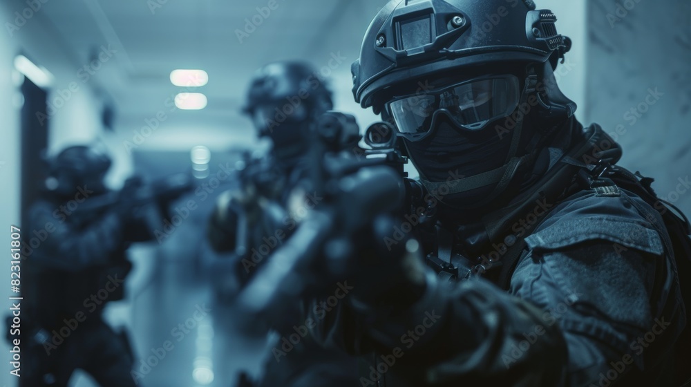 The image shows a masked member of an armed SWAT team storming a darkened office building with desks and computers, while soldiers stand guard. Warm color grading. The image shows a masked member of an armed SWAT team storming a darkened office building with desks and computers, while soldiers stand guard. Warm color grading.