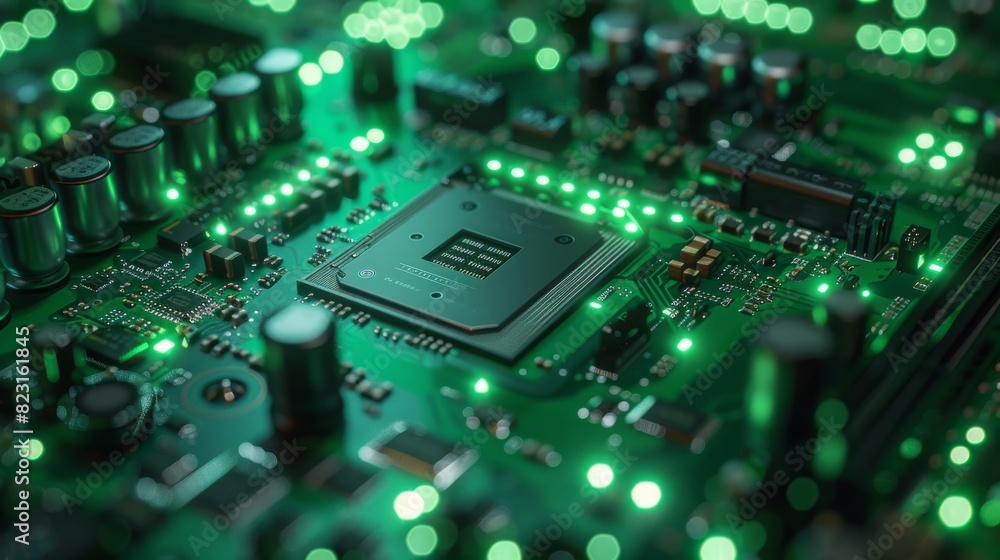 Macro Close-up Photo of CPU Processor Socket on Green Printed Circuit Board or Computer Motherboard with Components Inside of Electronic Device, Parts of Supercomputer. Lit by Green Light. Macro Close-up Photo of CPU Processor Socket on Green Printed Circuit Board or Computer Motherboard with Components Inside of Electronic Device, Parts of Supercomputer. Lit by Green Light.