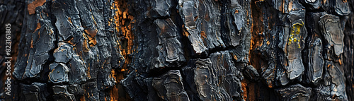 Detailed close-up of the intricate patterns and textures of the tree trunk bark, resembling a mix of wood, rock, and soil erosion layers on a terrestrial plant surface. photo