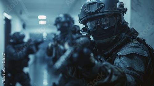 The image shows a masked member of an armed SWAT team storming a darkened office building with desks and computers, while soldiers stand guard. Warm color grading.