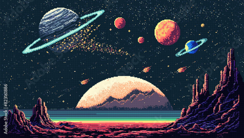 8 bit pixel art starry galaxy and space planets landscape. Ai generated game scene background. Retro-inspired virtual alien world. Alien planet surface with far Universe starscape 2d gaming level