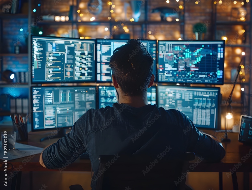 Focused Programmer Surrounded by Multiple Screens Developing Innovative Software Solution Focused Programmer Surrounded by Multiple Screens Developing Innovative Software Solution