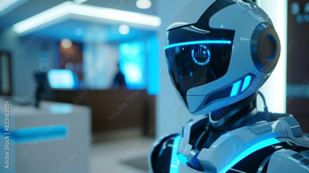 A robot teller with LED lights lining its face greets a customer with a smile before quickly retrieving their account information.