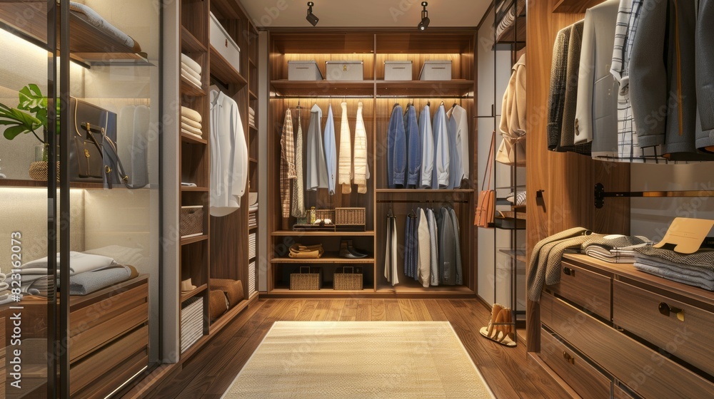 A large walk in closet with a lot of clothes and a few accessories A large walk in closet with a lot of clothes and a few accessories