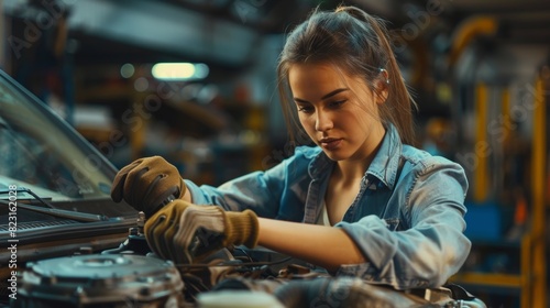 Mechanic working on a vehicle at a car service. Image depicts an empowered woman using a ratchet and gloves. © Антон Сальников