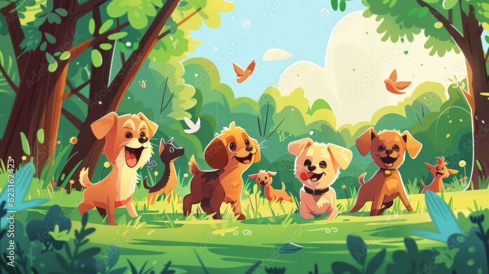 Obraz premium A playful illustration of a group of dogs playing in a park, capturing the joy and companionship of canine friends. 