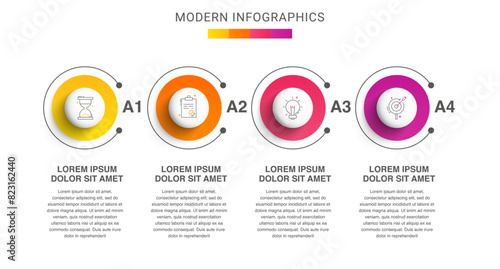Modern infographics vector template. Cyclic infographic with four circles. Timeline design template with 4 options, steps, and parts. Flat illustration for business.