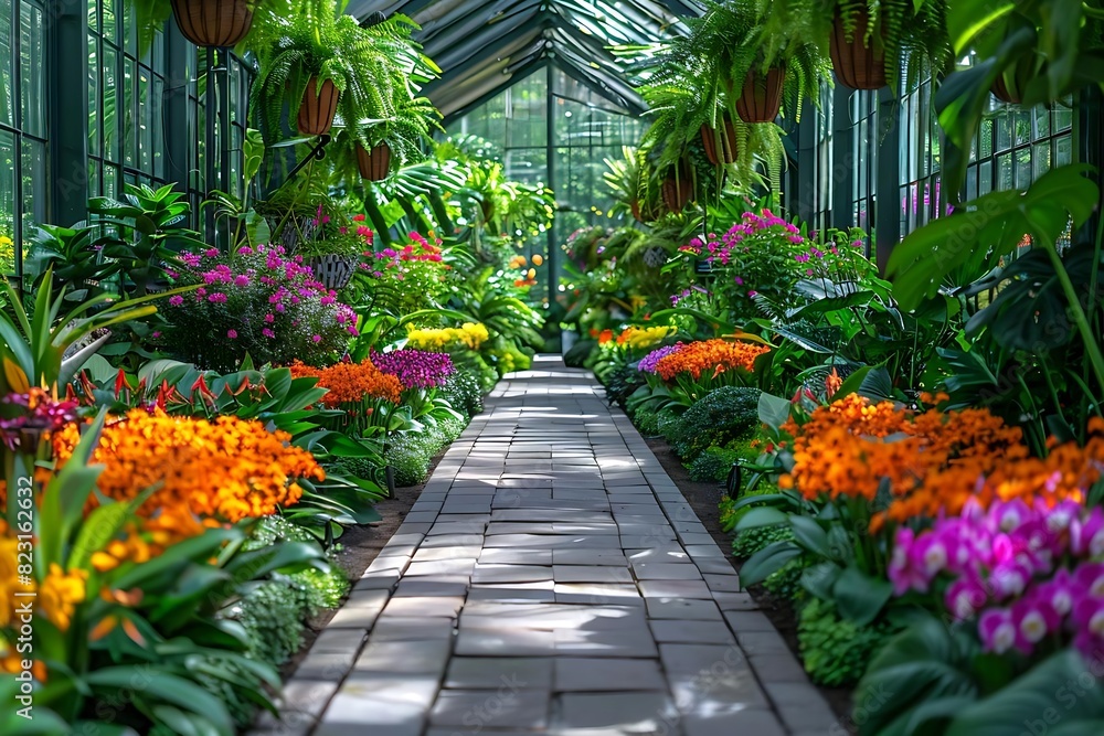 sunlit botanical garden greenhouse interior with a symmetrical stone path leading through lush