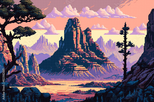 Generative ai western desert mountains landscape. 8Bit pixel art game scene, captures the rugged terrain and vivid colors, showcasing the beauty and simplicity of the Wild west nature in retro style