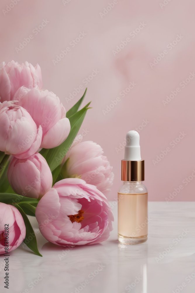 Cosmetic serum with essential rose oil and tulips on a pink background. A natural product for detoxifying, moisturizing, toning and regenerating the skin. Unbranded product mockup. AI Genetated Cosmetic serum with essential rose oil and tulips on a pink background. A natural product for detoxifying, moisturizing, toning and regenerating the skin. Unbranded product mockup. AI Genetated