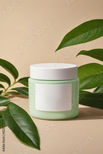 Green plastic cream jar with blank label on beige background with green leaves. Skin care cosmetics treatment. AI Generated