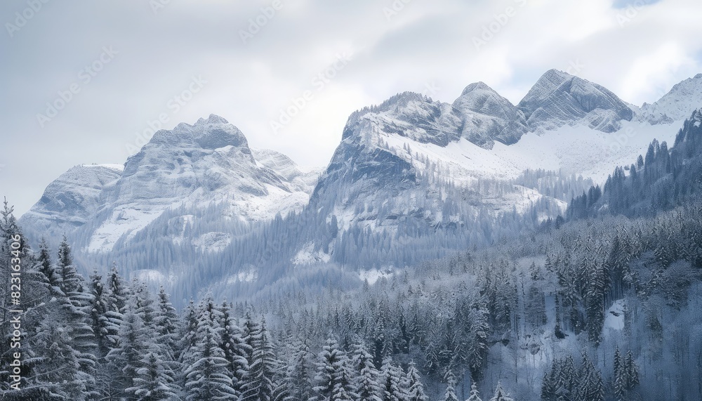 Serene Winter Landscape with Snowy Mountains and Forest