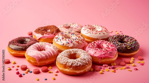 Wallpaper Mural Tasty colorful donuts and sweet cookies blowing in the air on pink background. Torontodigital.ca