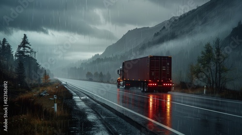 Cargo trailer full of goods travels on a rural road in early morning in rain and fog across the continent. photo