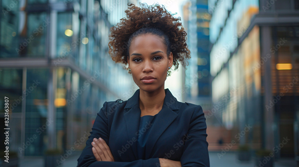 Professional woman standing in front of modern office buildings, highlighting urban work environment Professional woman standing in front of modern office buildings, highlighting urban work environment