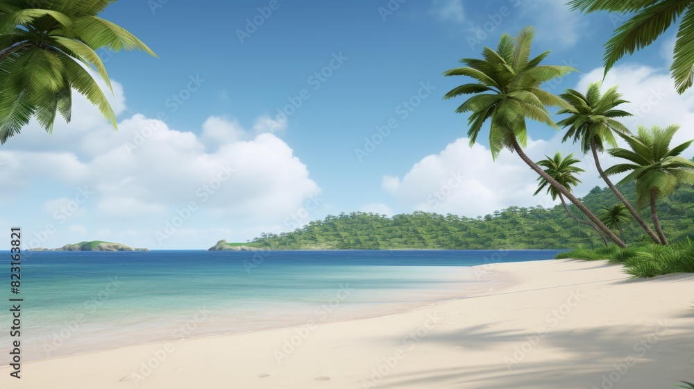 Fototapeta premium Tropical beach with palm trees and clear blue water under a sunny sky, ideal for relaxation and vacation. Lush greenery in the background.