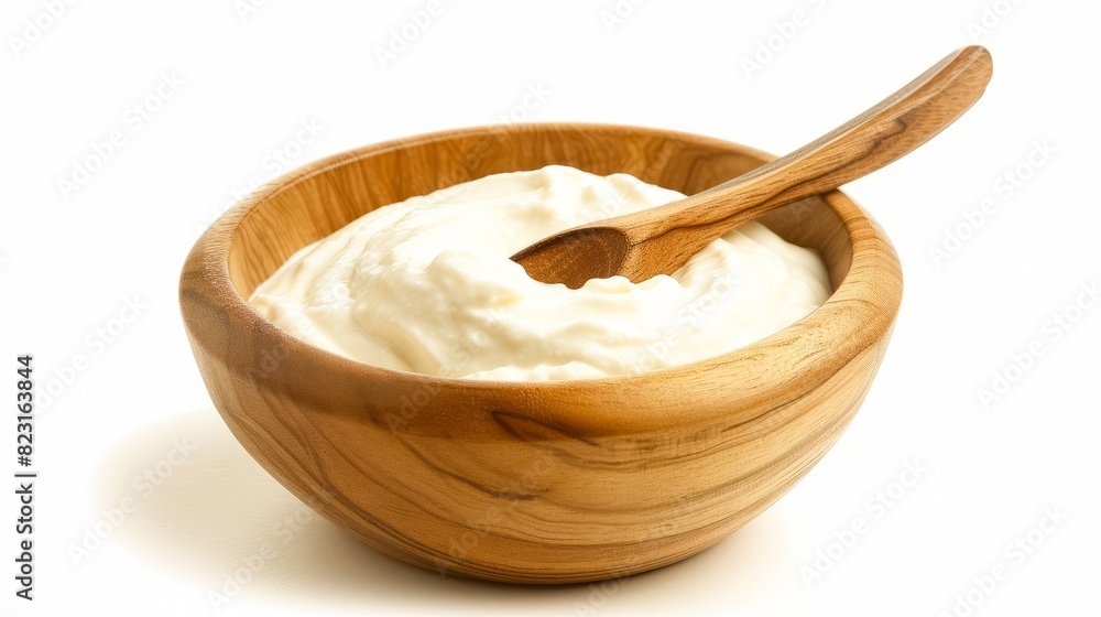 Tasty yoghurt in a wooden bowl isolated on a white background. Tasty yoghurt in a wooden bowl isolated on a white background.
