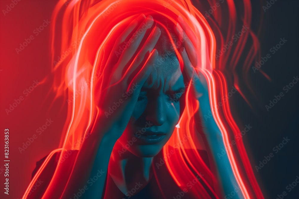 A young woman with her hair pulled back holds her temples in pain, with red light streaks highlighting her severe headache against a dark background A young woman with her hair pulled back holds her temples in pain, with red light streaks highlighting her severe headache against a dark background