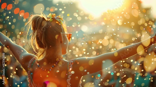 Joyful woman with arms outstretched celebrating at a summer festival, surrounded by colorful lights and bokeh in the golden sunlight. © ontsunan