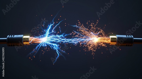 Sparks between two wires close up.