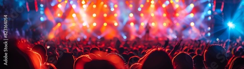 Crowd enjoying a live concert with vibrant stage lights and energetic atmosphere, capturing the essence of music festivals and live performances. photo