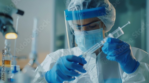 An experienced medical nurse wearing safety gloves, a mask, and protective overalls takes a PCR Corona virus sample at a health clinic. Doctor swabs chest for respiratory virus. Covid-19 pandemic photo