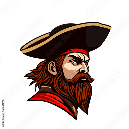 AI generated pirate captain mascot in tricorne hat, vector generative AI cartoon character. Pirate captain sailor or filibuster corsair captain head with beard, Caribbean adventure or club team mascot