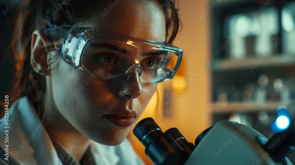 Scientist in goggles examining samples under a microscope. Advanced Microbiology, Medical, Biotechnology Lab. Scientist in goggles examining samples under a microscope. Advanced Microbiology, Medical, Biotechnology Lab.