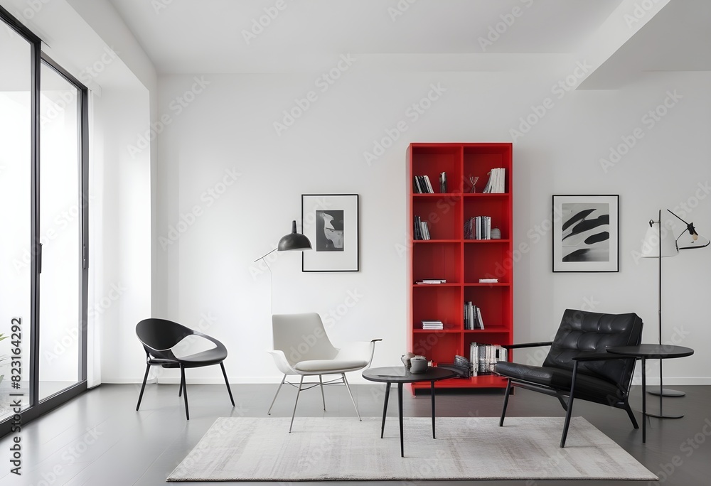 Fototapeta premium Luxury home living room interior with table and chairs, shelf, and mockup wall. 3D rendering
