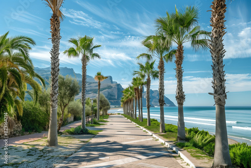Beach promenade with palm trees in Alarn Salmon, Spain on the seafront of the sea and mountains. Blue sky and clear water. Beautiful panoramic view of the coastal city of the tourist resort.  photo
