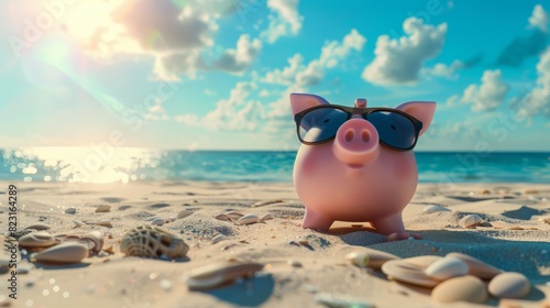 Beach Bum Piggy: Holiday relaxation blurred beach background