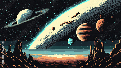8 bit pixel art space planet surface landscape and starry galaxy. Ai generated game scene background, featuring pixelated mountains, rocks and cosmic spheres in the sky, creating mesmerizing starscape